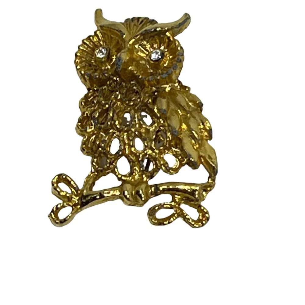 Owl Brooch Clear‎ Rhinestone Eyes Filigree Gold Tone Vintage Pin
